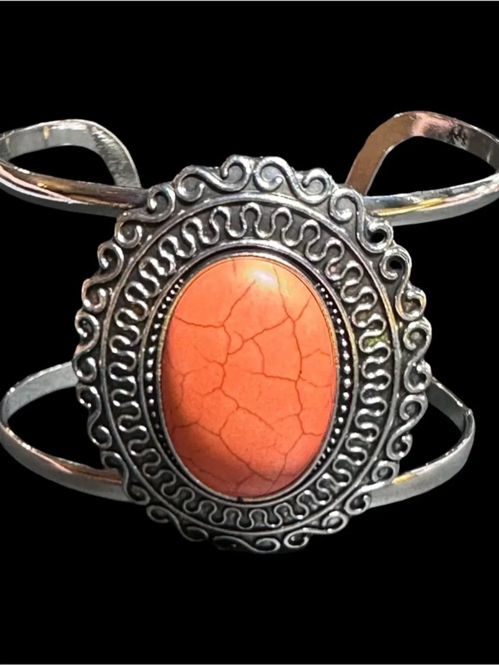 Cuff Bracelet Southwest Boho Style Silver Tone Orange Peach Center Womens NWOT